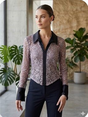 Samuel Dong Sheer Lace Two-Way Zip Blouse with Dramatic French Cuffs
